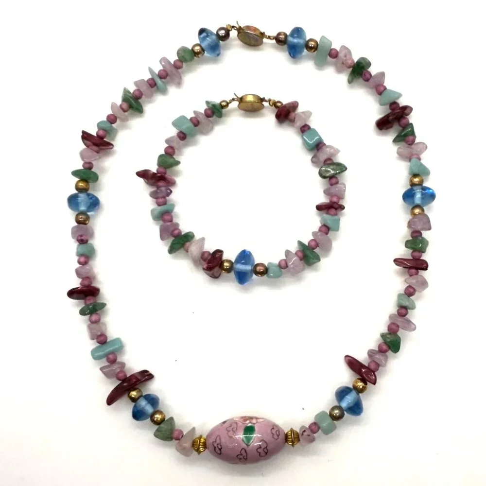 Cloisonné Bead Necklace with Multicolor Natural Stone & Glass and Bracelet - Picture 2 of 16